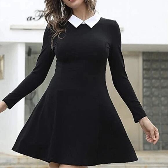 Aphratti Womens L Black Dress White Peter Pan Collar Fit Flare Wednesday Addams - Picture 1 of 6